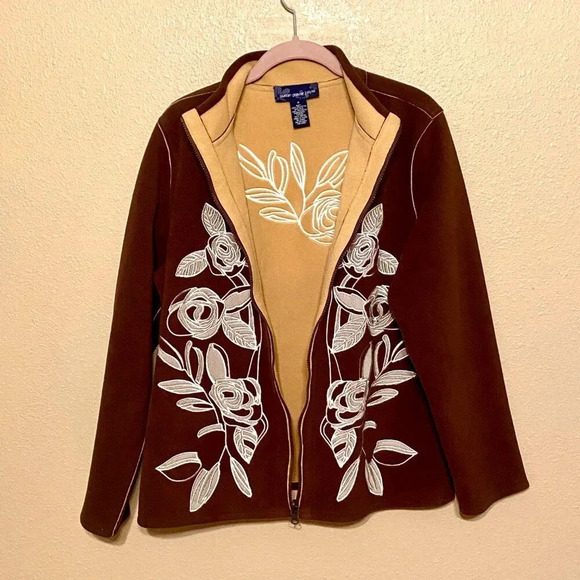 VTG SUSAN GRAVER STYLE Floral Fleece Jacket Size (M) Brown w/white floral de… - Picture 1 of 7